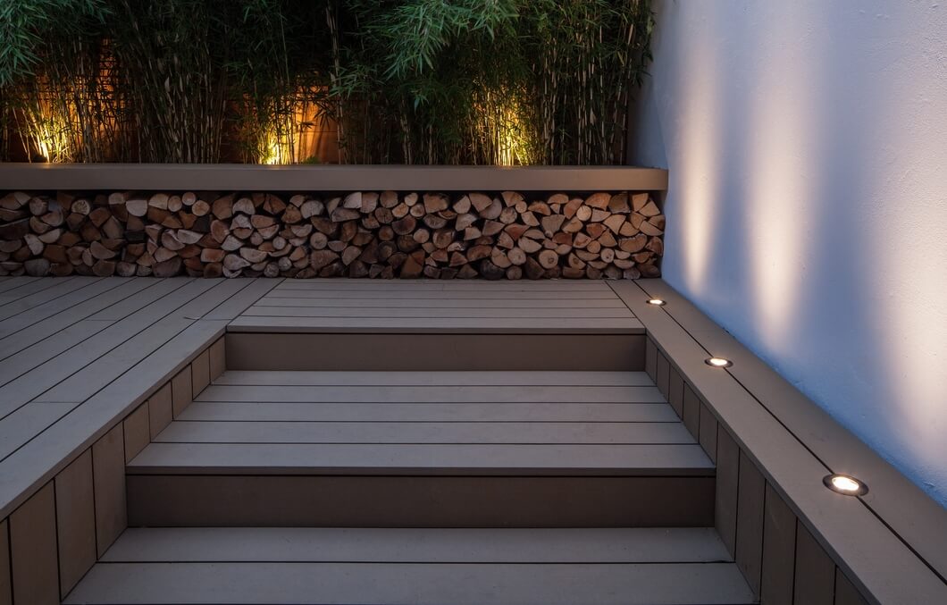 Garden decking with steps and lighting