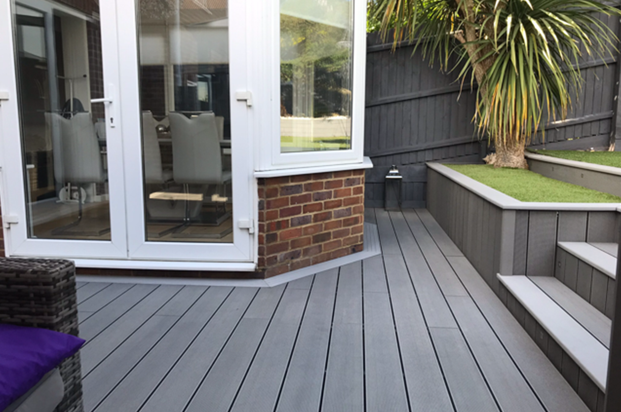 Cladco Stone Grey Decking Boards with a Light Grey Bullnose Edge