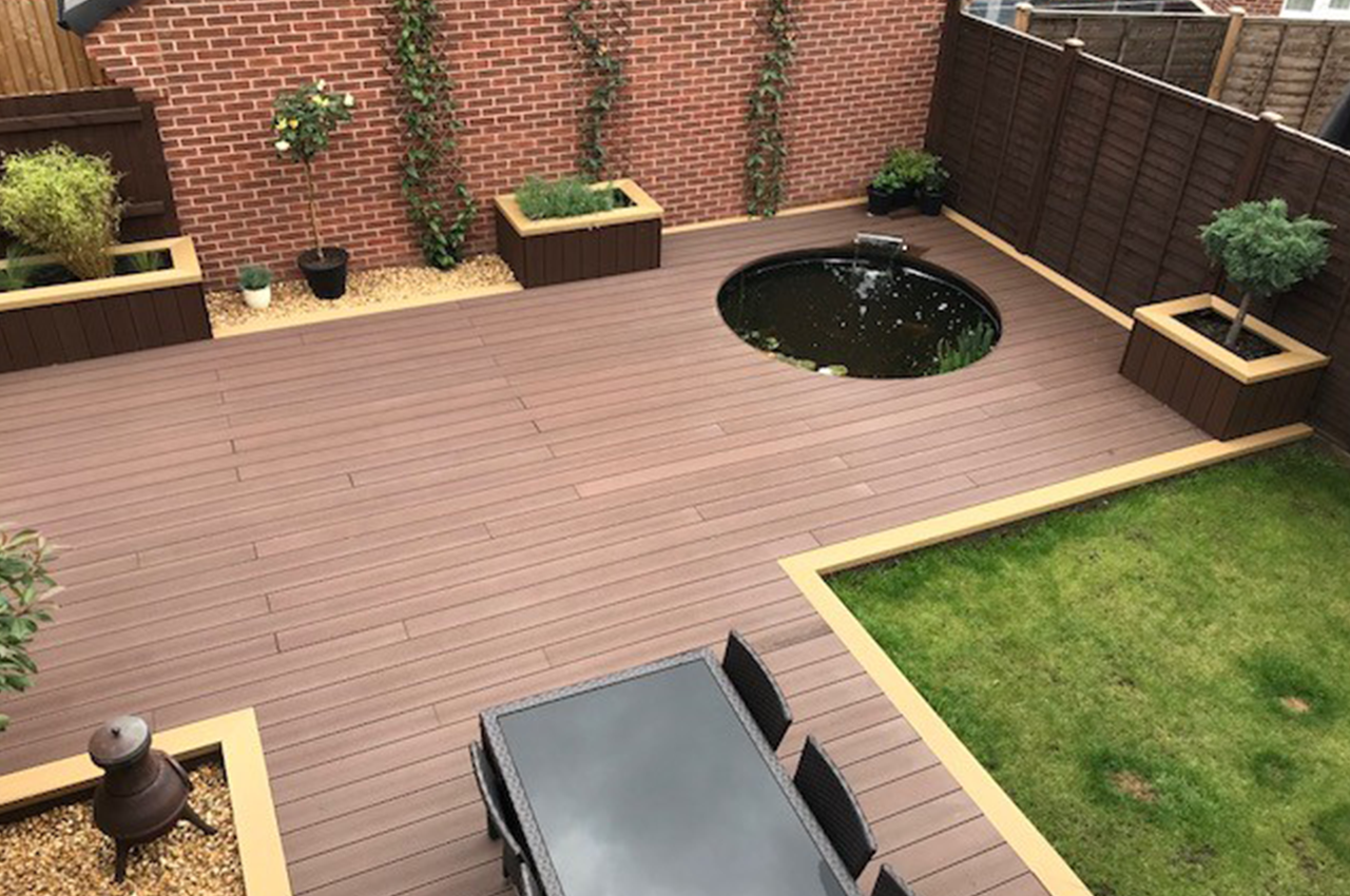 Cladco Composite Decking Boards in Coffee with Teak Edging Trim