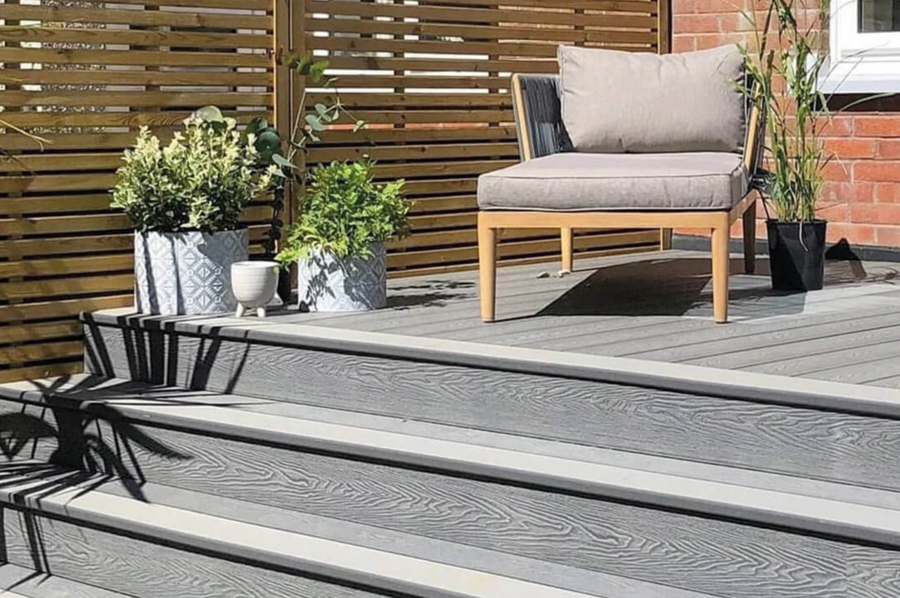 Composite Decking boards with bullnose edging, for a curved finish - installed by Gull Rock