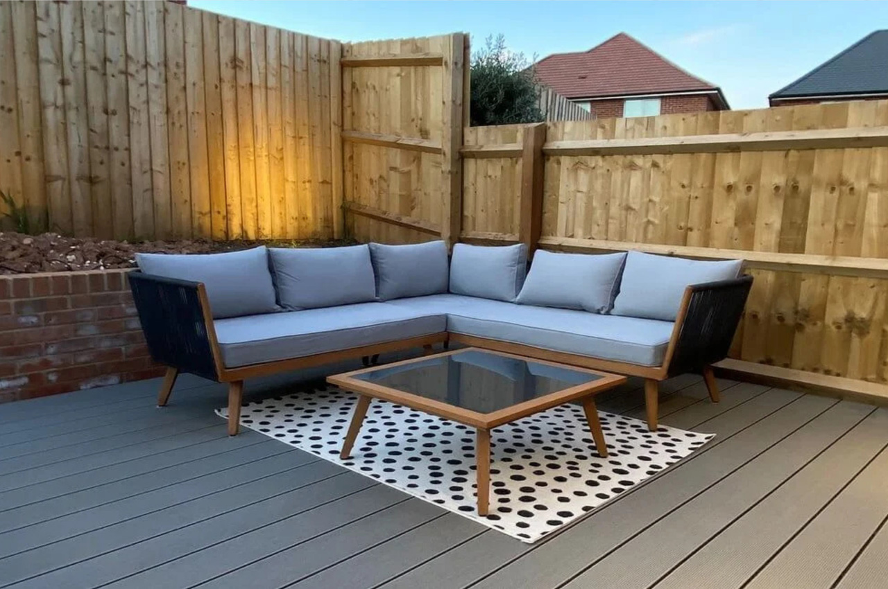 A garden project featuring Cladco Composite Decking Boards with matching Corner Trims in Light Grey
