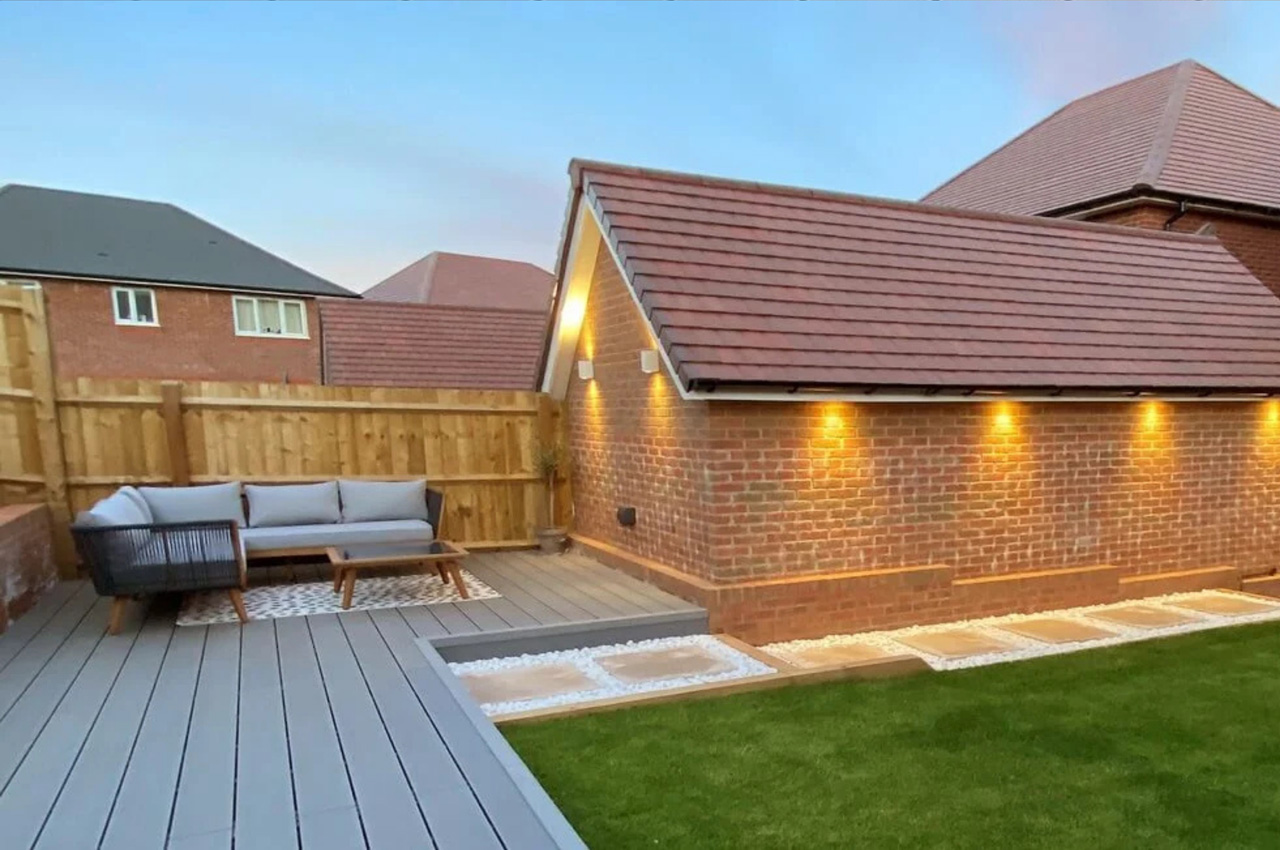 A garden project featuring Cladco Composite Decking Boards with matching Corner Trims in Light Grey