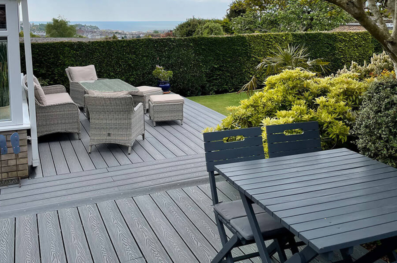 Garden Decking Space With Woodgrain Effect Composite Decking in Light Grey