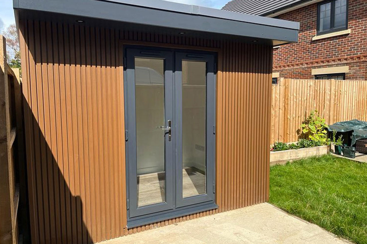 Outdoor office room with Composite Slatted Cladding in Teak