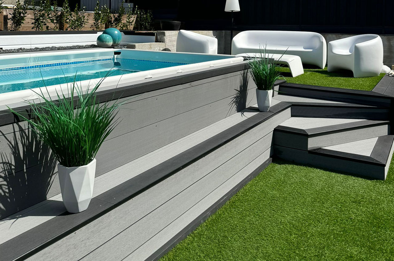 Swimming Pool Decking Area | Composite Decking and Fencing in Stone Grey