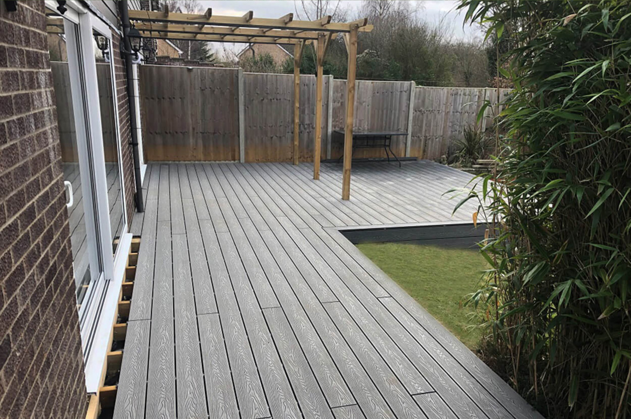 Cladco Stone Grey Woodgrain boards with a veranda