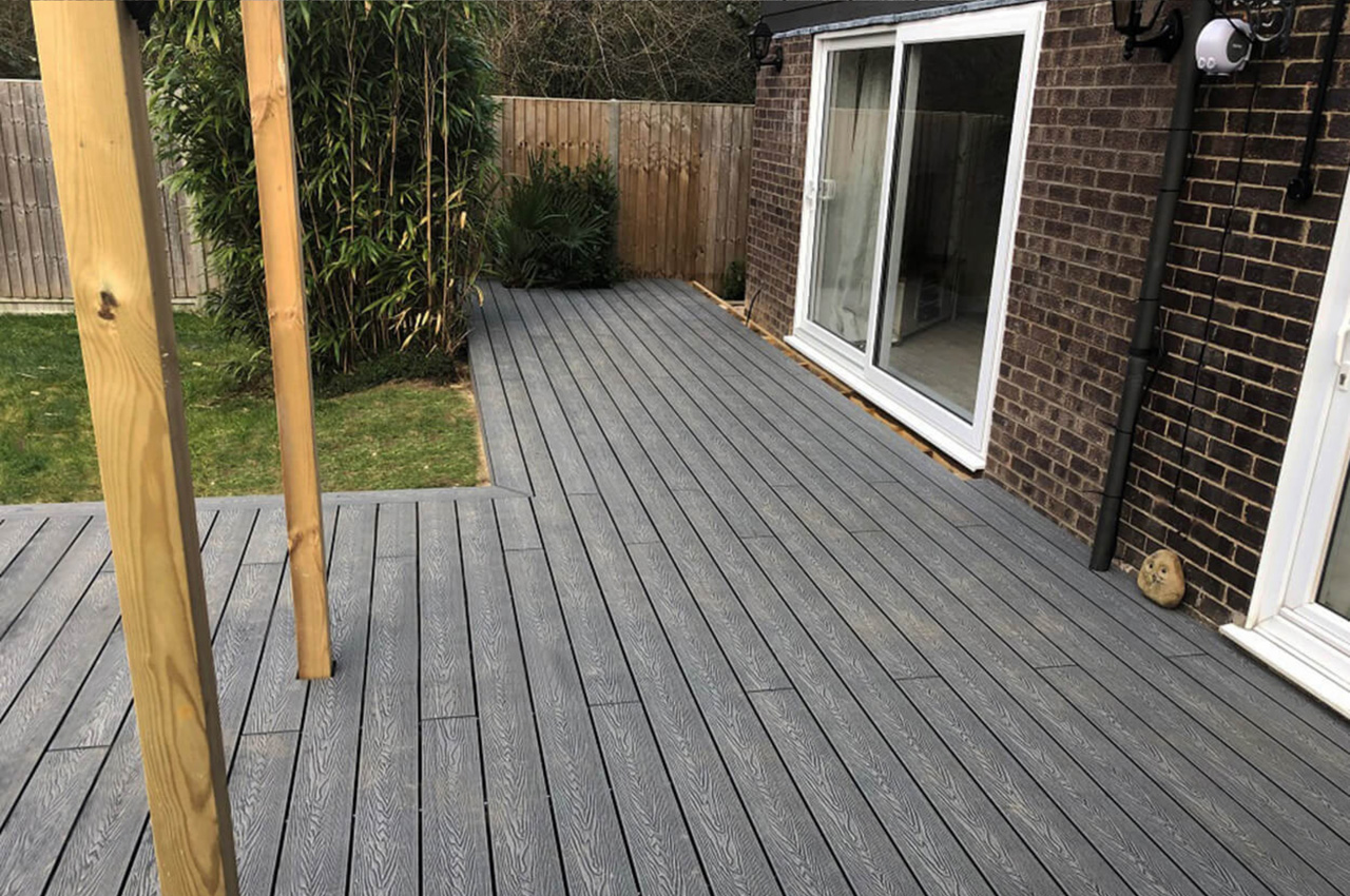 Cladco Stone Grey Woodgrain boards with a veranda