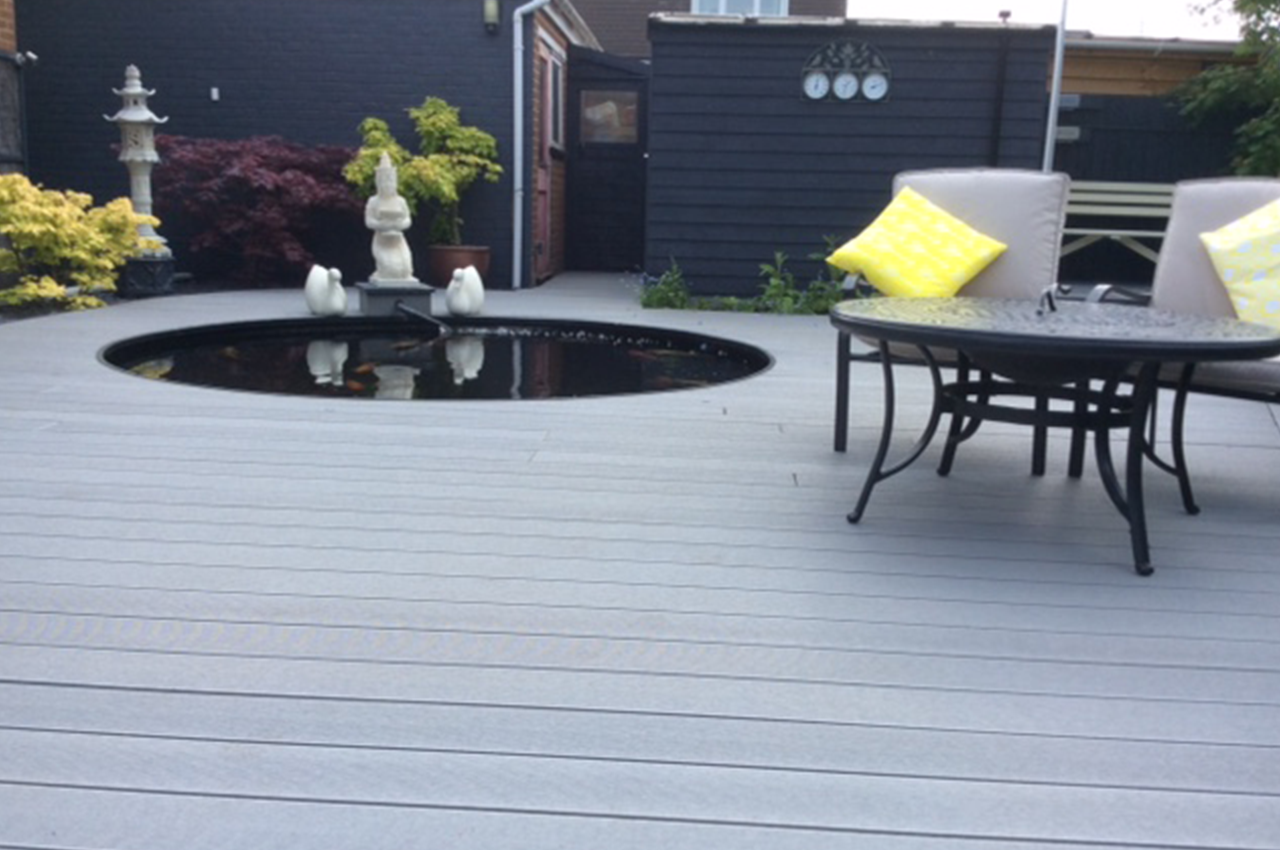 Light Grey Decking Boards with Built in pond