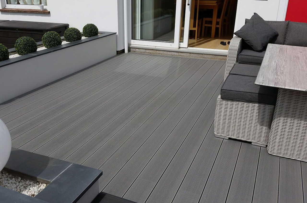 Cladco Stone Grey Composite Decking used in garden.