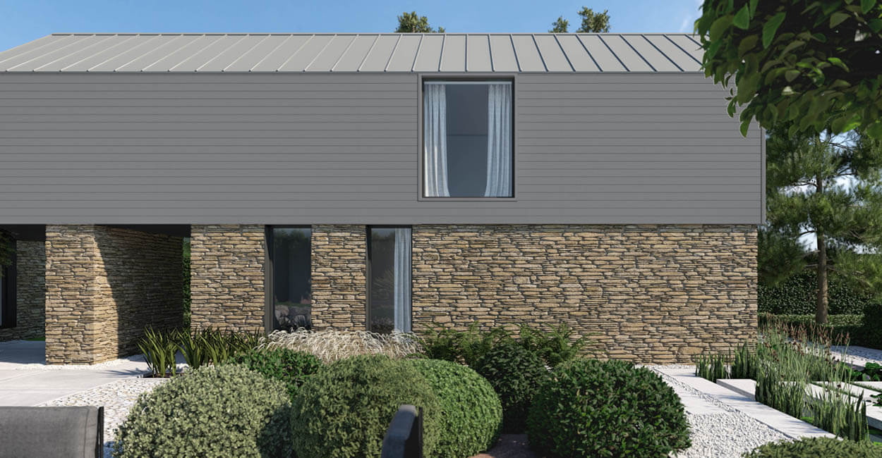 Cladco Original Light Grey Composite Cladding Boards contrast traditional stone walls on this project