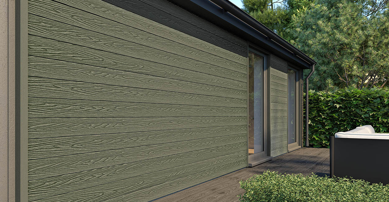 Olive Green Woodgrain Effect Composite Wall Cladding Boards blend in with the natural surroundings