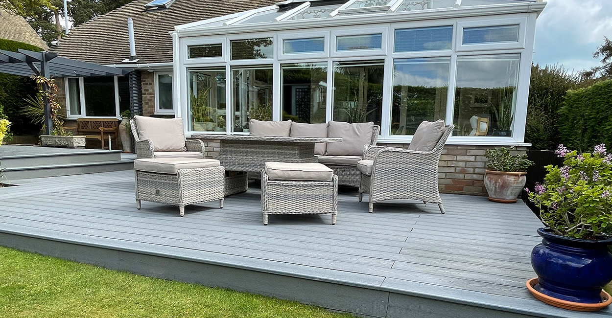 Garden Decking Space With Woodgrain Effect Composite Decking in Light Grey
