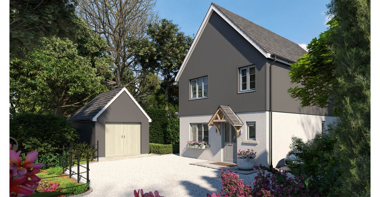 Stone Grey Composite Wall Cladding is shown vertically on this home and garage