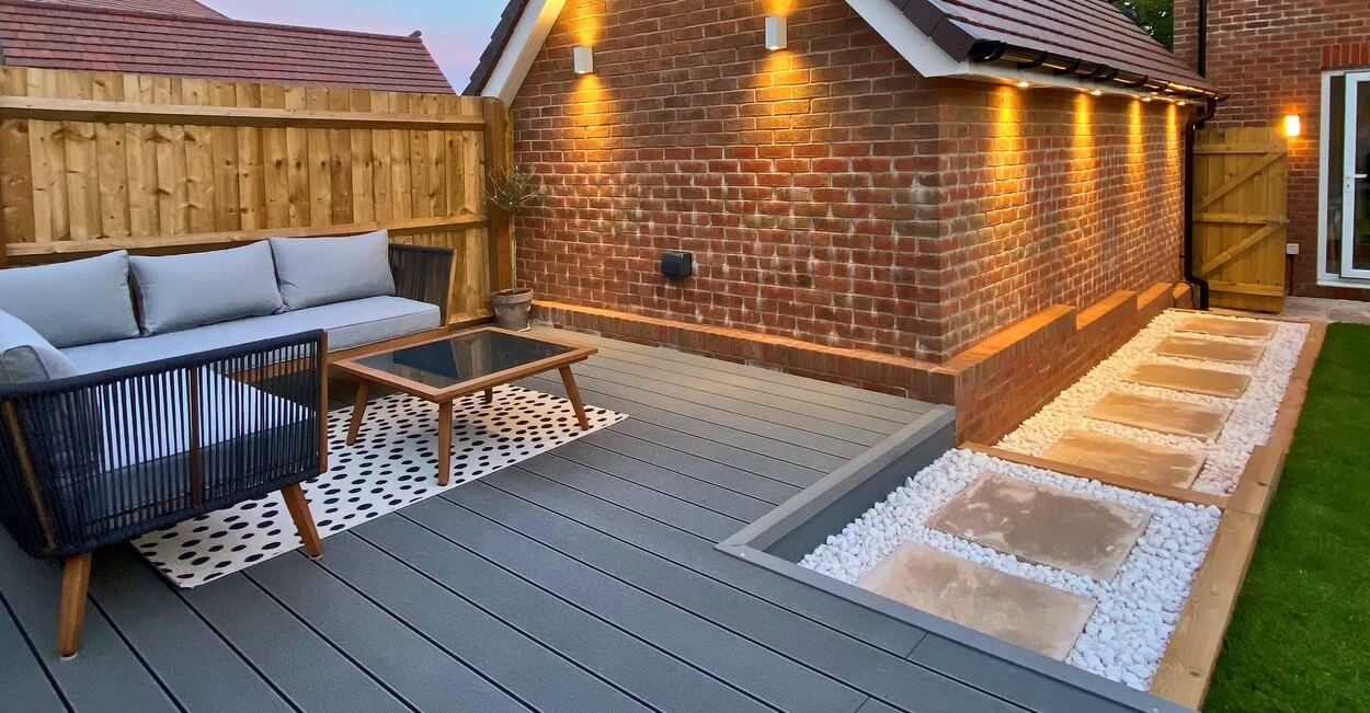 A garden project featuring Cladco Composite Decking Boards with matching Corner Trims in Light Grey