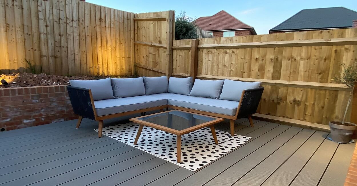 A garden project featuring Cladco Composite Decking Boards with matching Corner Trims in Light Grey