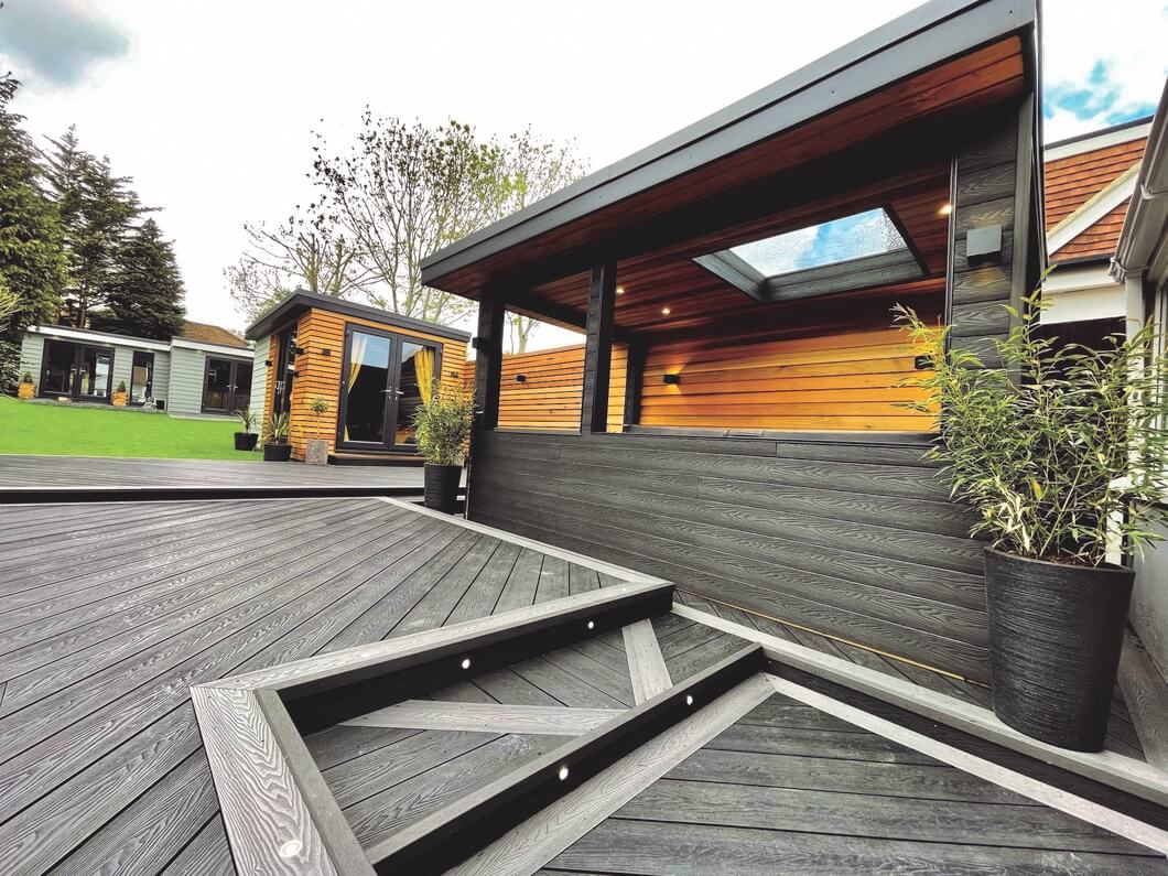 Garden with Cladco Woodgrain Decking in Charcoal and Stone Grey