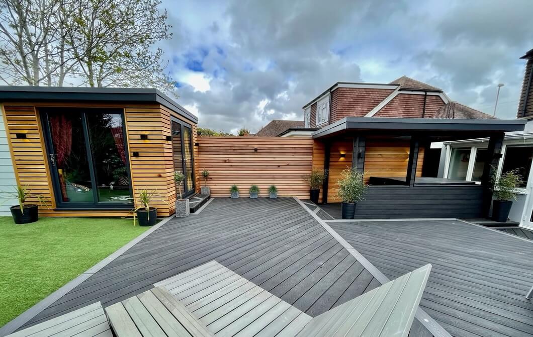 Garden with Cladco Woodgrain Decking in Charcoal and Stone Grey