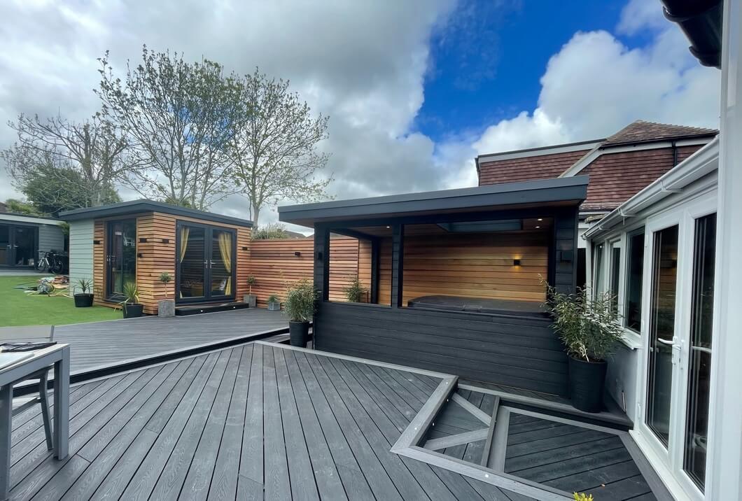 Garden with Cladco Woodgrain Decking in Charcoal and Stone Grey