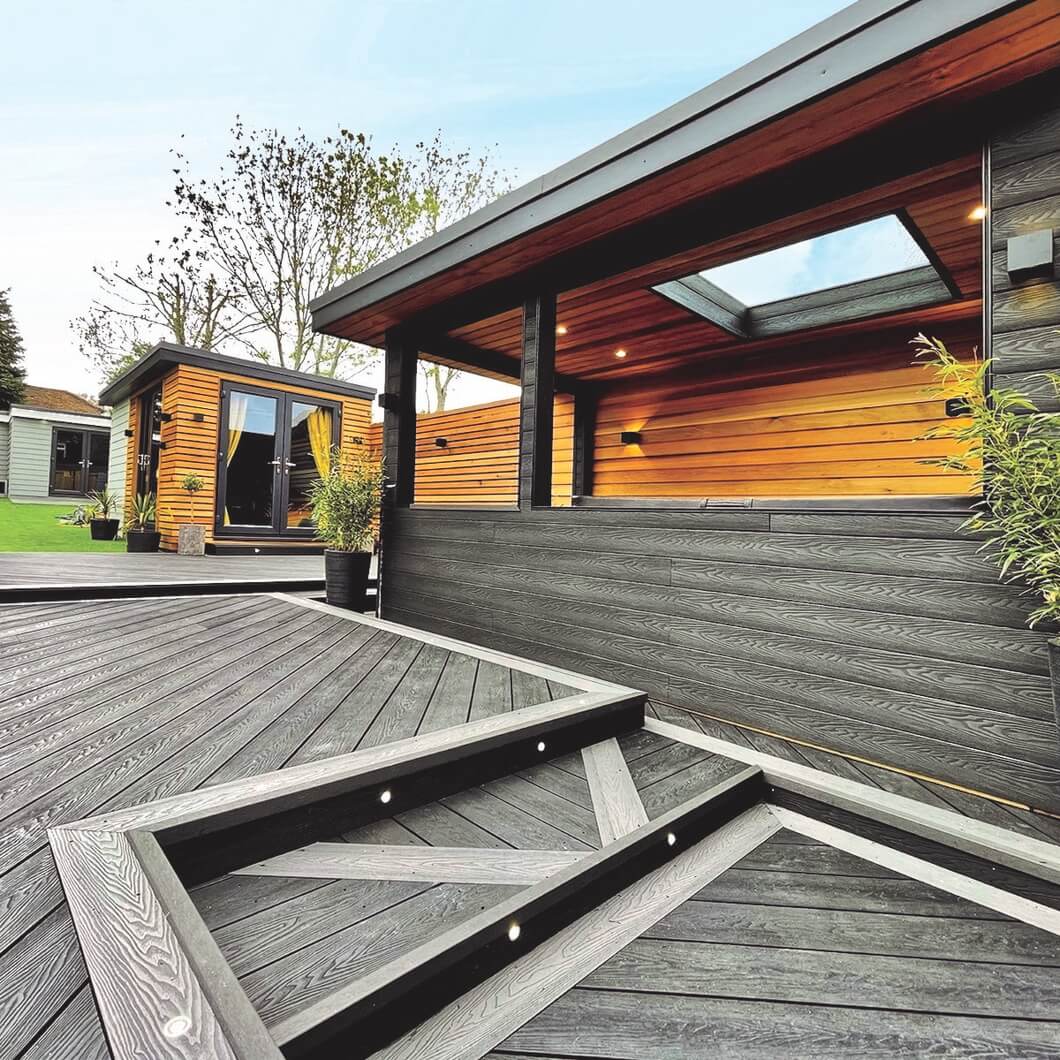 Garden with Cladco Woodgrain Decking in Charcoal and Stone Grey