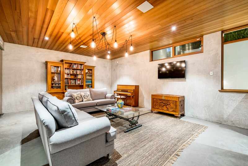 Living room with wood ceiling