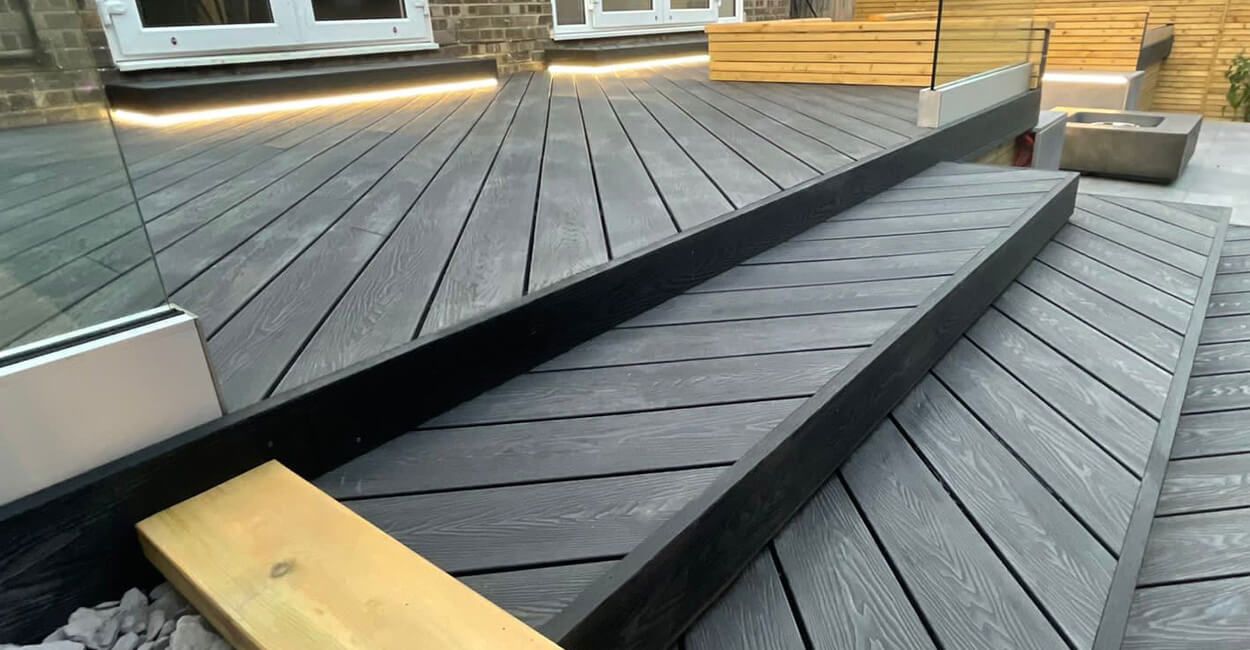 Dark Deck Boards used to create a chevron effect stairway