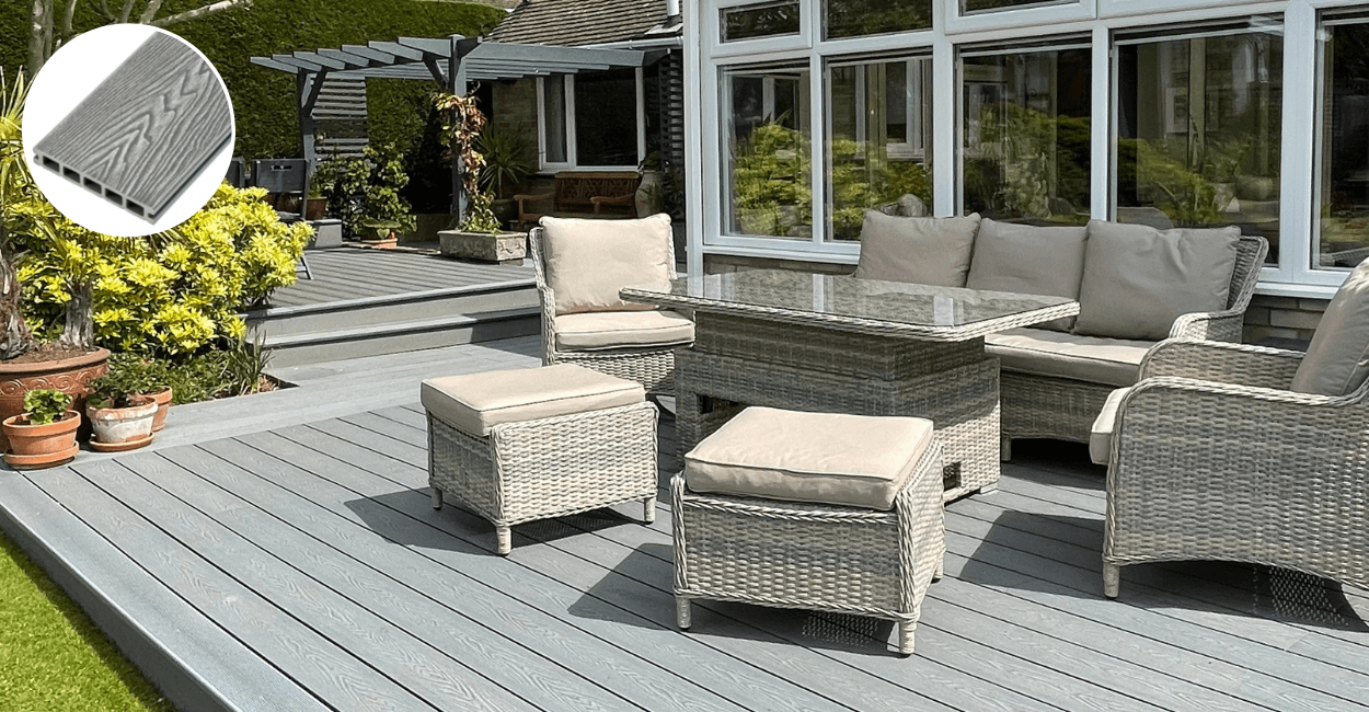 Light grey decking with rattan furniture