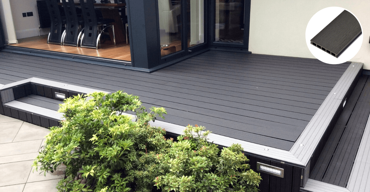 Black decking with grey decking around the edges