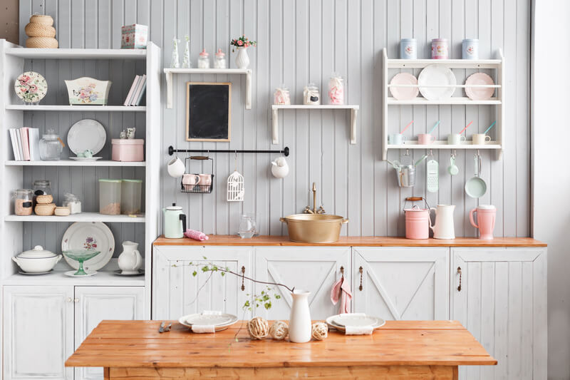 Kitchen table, units and shelving