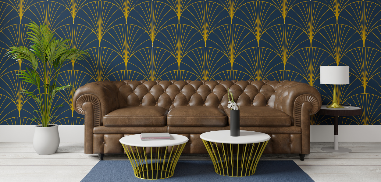 This feature wall example has taken accents from the wallpaper and complemented the gold legs of the coffee tables