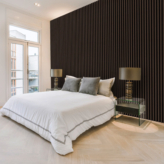 Cladco Internal Slatted Wall Panels in the colour Espresso installed as a backer to this large kingsized bed