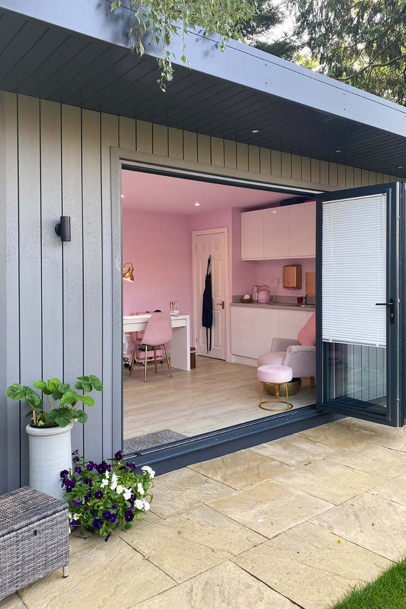 A garden salon clad with Composite Wall Cladding Boards in grey