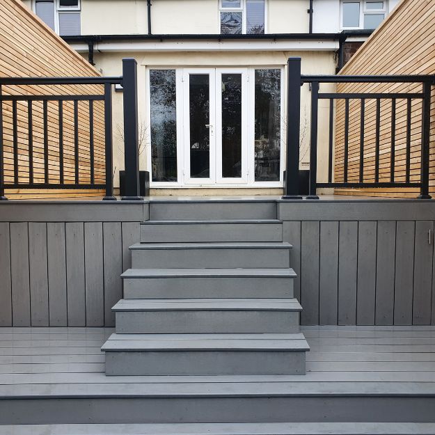 Cladco Balustrades installed on decking steps creates added safety