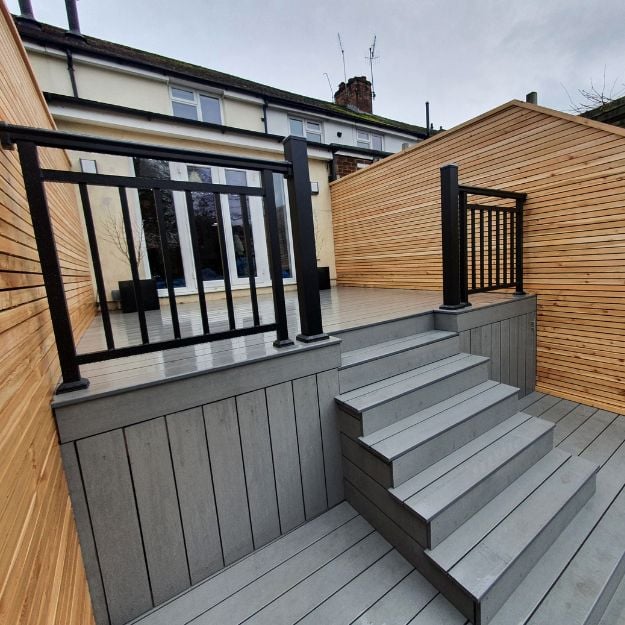 The second story of this decking step installation is sealedf with Cladco Aluminium Balustrades
