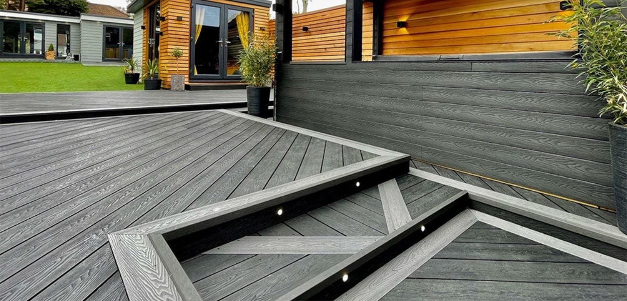 Deck steps ideas: Cladco Woodgrain Angled steps with built-in lighting