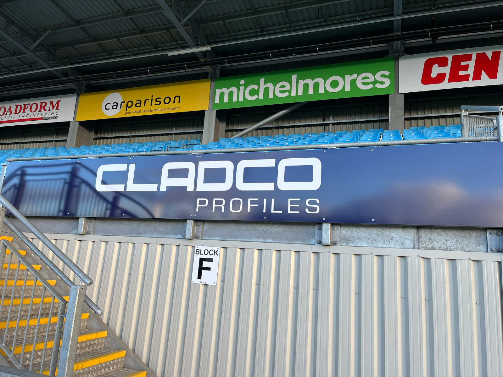 Image of Exeter Chiefs rugby stand featuring Cladco signage.