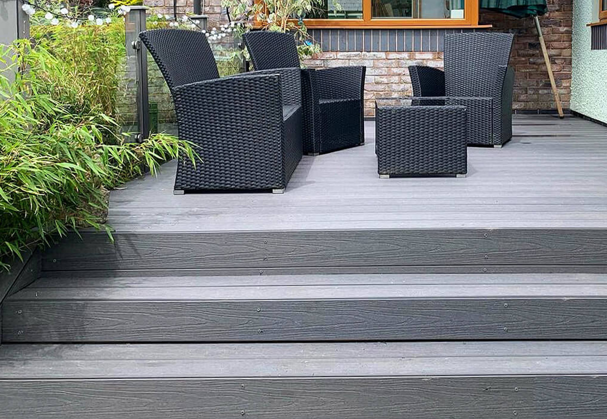 Silver Birch PVC Decking Boards installed on a multi-step garden space.