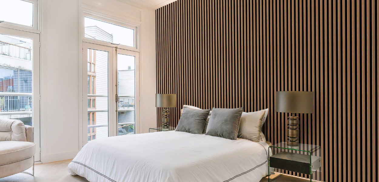 The perfect backdrop: Cladco Slatted Wall Panelling installed as an accent wall in a master bedroom