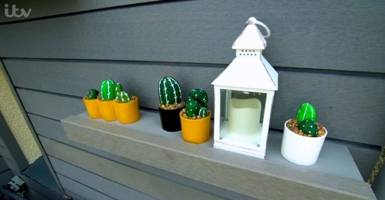 Variety of ornaments on an outdoor shelf